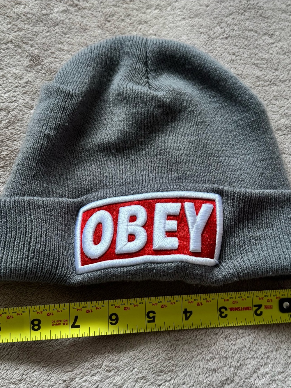 Obey Gray Knit Beanie with Red Logo Patch - Picture 3 of 5